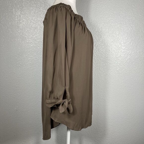 Wishlist Chocolate Brown Top Blouse L Flowy Tunic Neutral Peasant Off Shoulder - Picture 4 of 9
